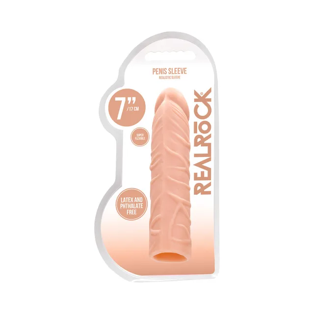 Beige RealRock seven-inch penis sleeve in clear retail pack