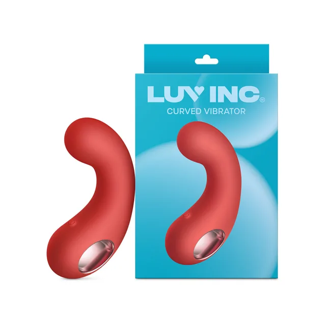 red Luv Inc CV77 curved vibrator with rose-gold end beside box