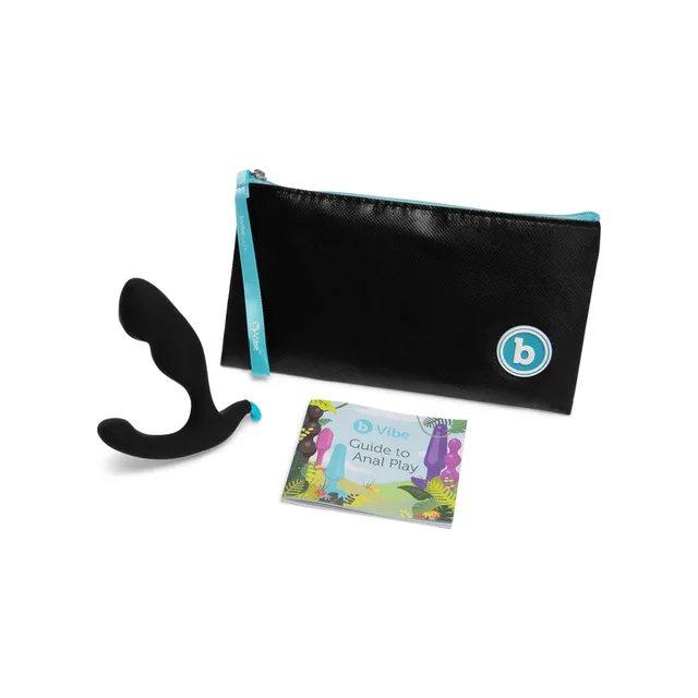 black b-Vibe Rocker plug beside zip pouch and illustrated guide