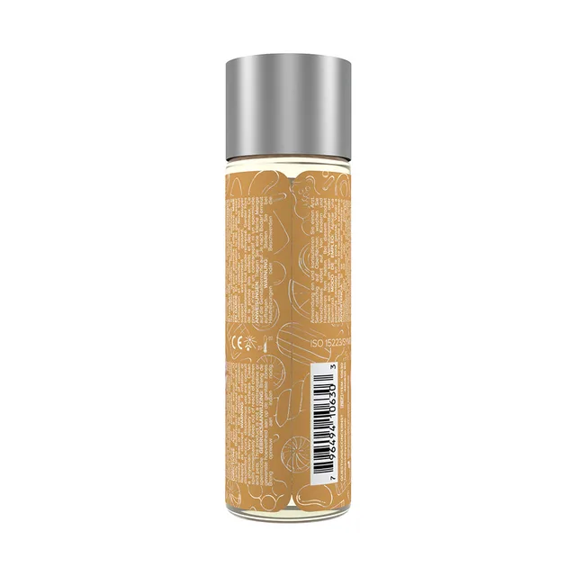 JO Candy Shop Butterscotch 2 oz lubricant back of bottle with gold text pattern, barcode and silver cap
