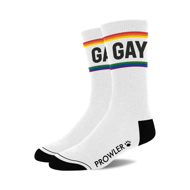 pair of white Prowler Gay socks with rainbow stripes and black toes and heels