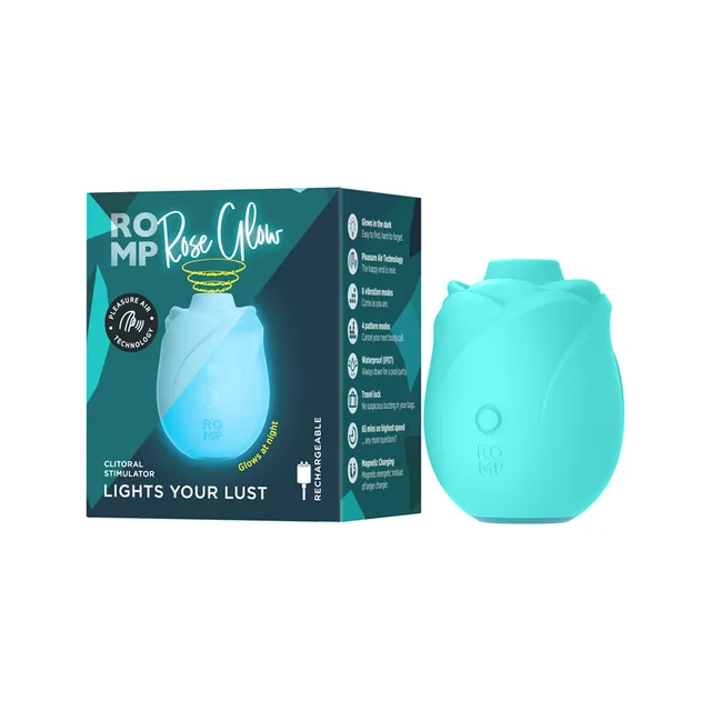 ROMP Glow Rose teal massager beside retail box