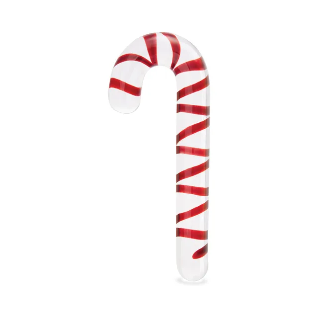 Upright view of clear candy cane glass dildo with red stripes