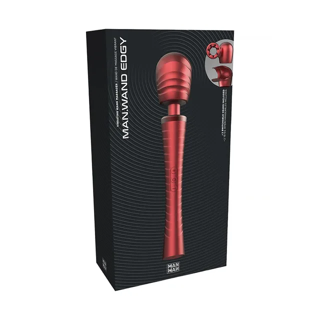 Red MAN WAN Edgy wand massager displayed on black striped retail box