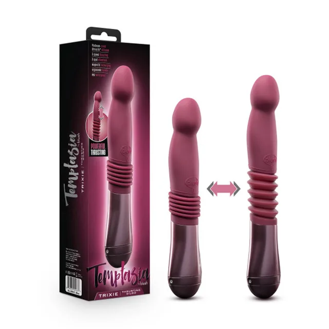 Temptasia Trixie wine thrusting dildo beside retail package