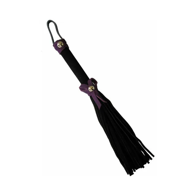 black mini flogger with purple bows, matching studs and hanging loop