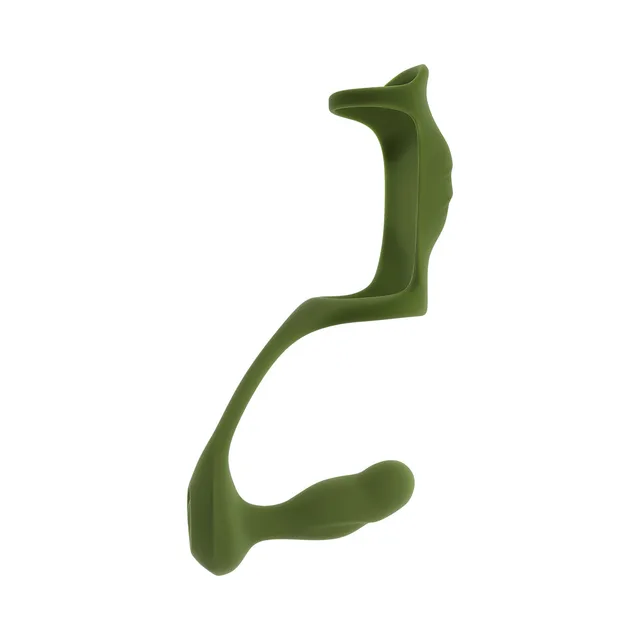 Front view of green open-frame support with two curved sections