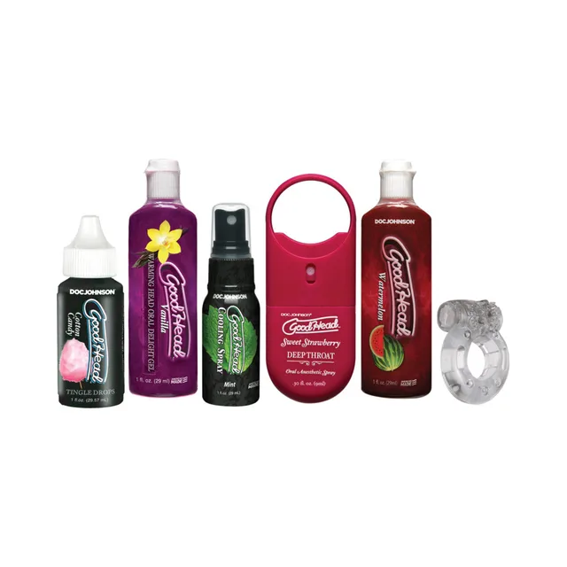 Six GoodHead Sensations pieces arranged outside the package