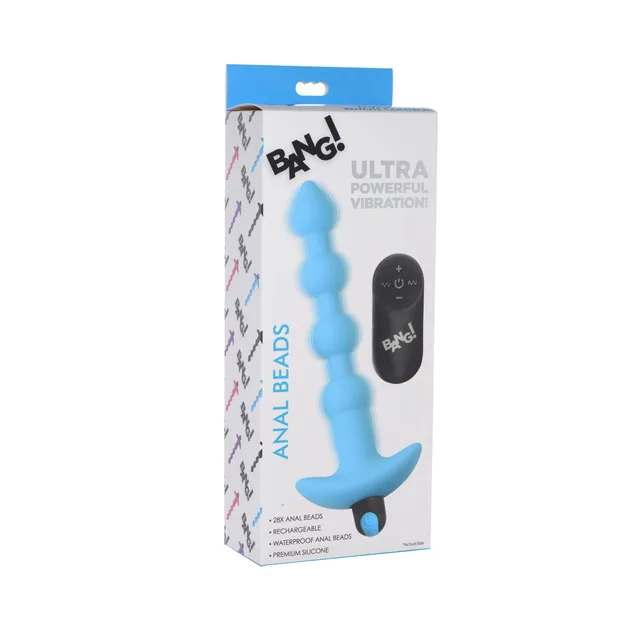 blue BANG silicone anal beads with flared base and black wireless remote on box