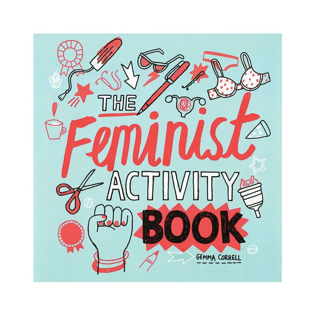 aqua Feminist Activity Book cover with red lettering and illustrated craft icons