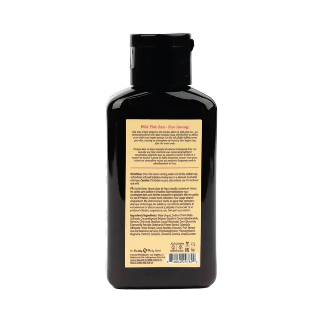Back label of 2 oz Earthly Body wild pink rose bubble bath