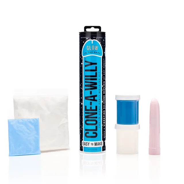 Clone-A-Willy Blue Vibrating Kit canister with blue and white packets mixing cup and insert