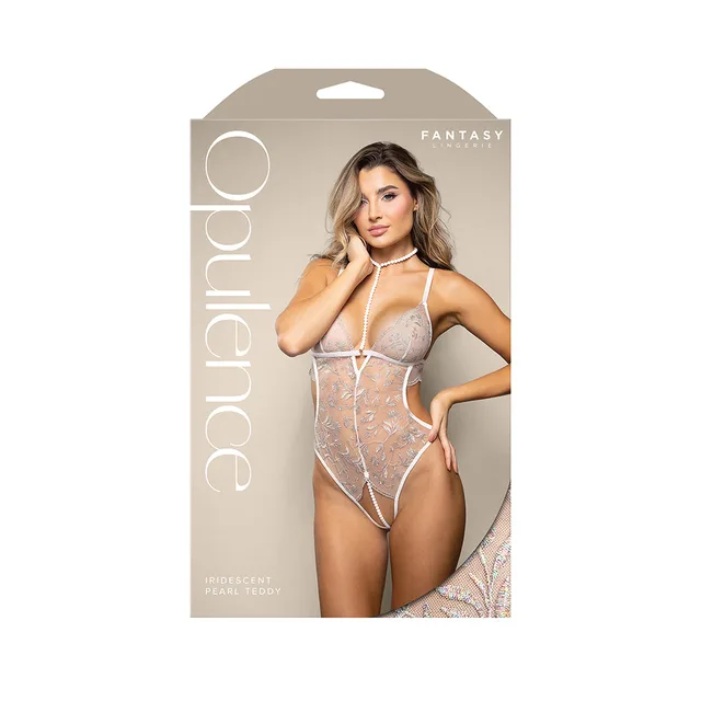 Opulence package showing white iridescent embroidered teddy with pearl harness