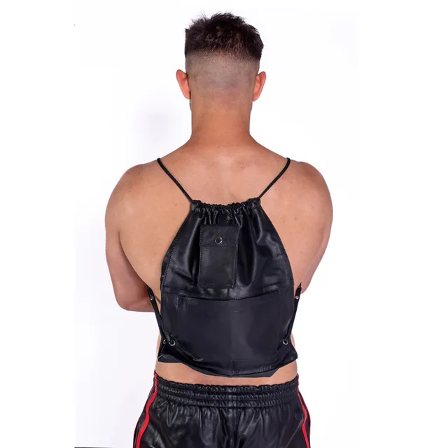 Rear view of black Prowler RED drawstring shoulder bag worn as a backpack