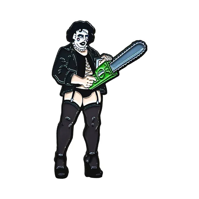Rocky Chainsaw Face character enamel pin holding green chainsaw