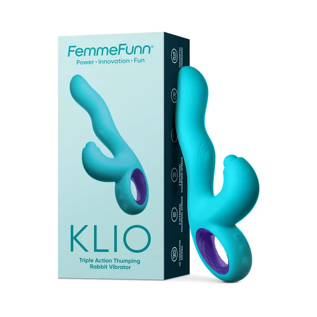 Turquoise FemmeFunn Klio rabbit vibrator beside retail box