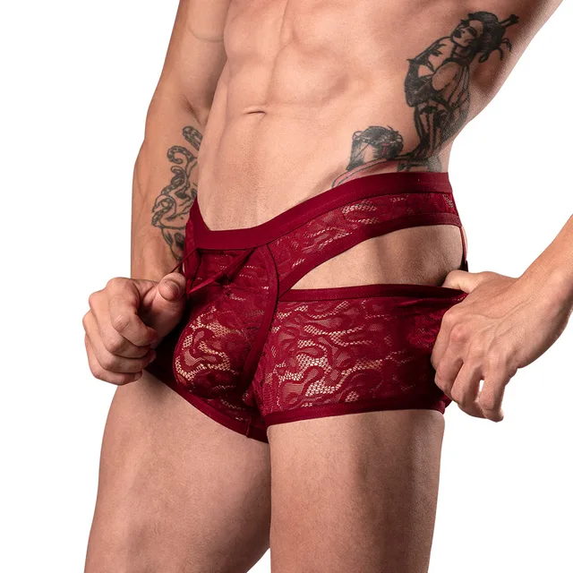 Male Power Lucifer XL burgundy floral lace cutout short side view worn by model