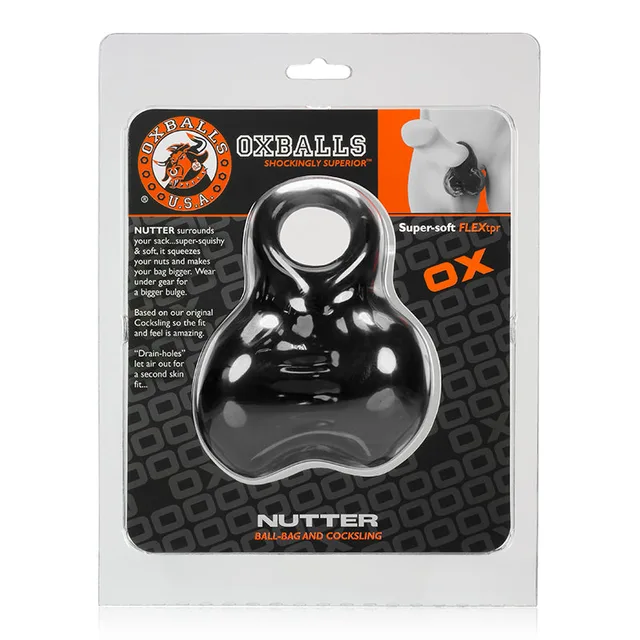 OxBalls Nutter Black Ball Sack Sling inside black orange hanging package