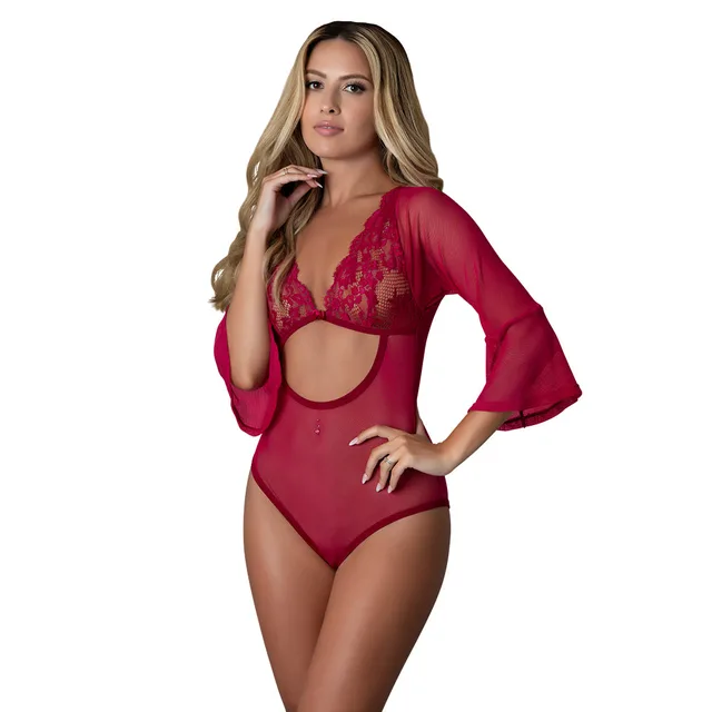 Alternate front view of Cherry lace playsuit in L/XL