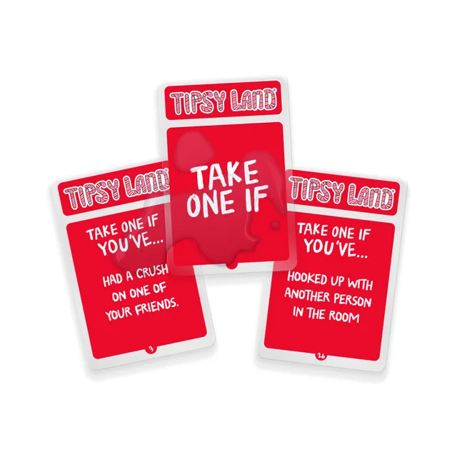 Red Tipsy Land cards fanned around a red card case