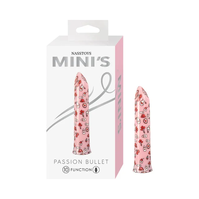 Pink Nasstoys Mini's Passion Bullet with heart pattern and box