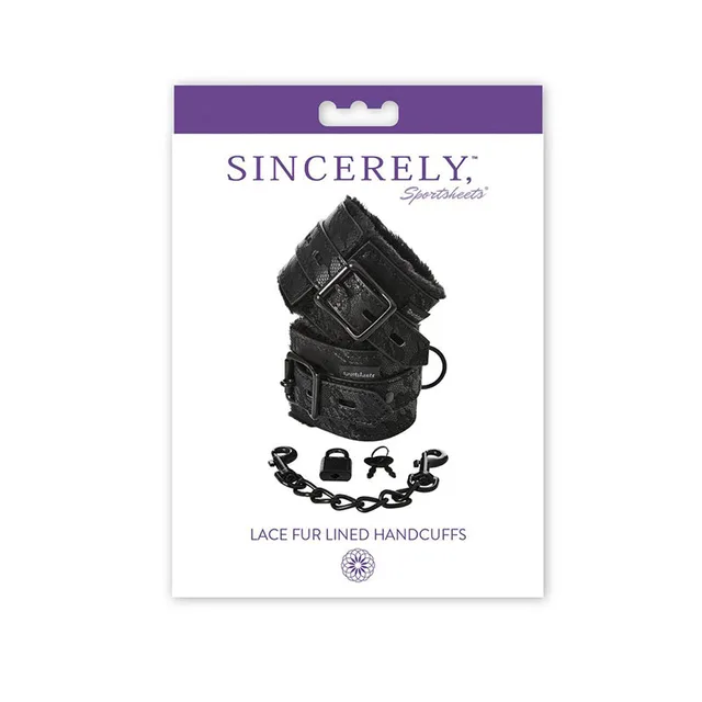 Sportsheets Sincerely black fur-lined handcuffs inside white-and-purple retail card with hardware arranged below