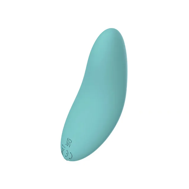 Side angle of aqua Spectrum compact vibrator showing curved silhouette
