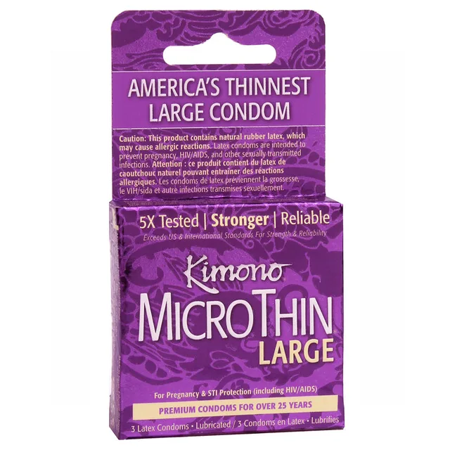 Kimono MicroThin Large purple box with three lubricated latex condoms