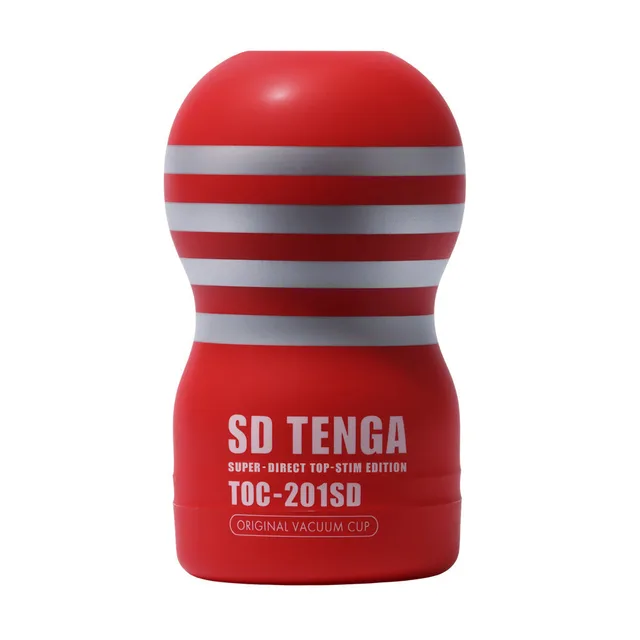 Front view of red Tenga SD Original vacuum cup with white bands