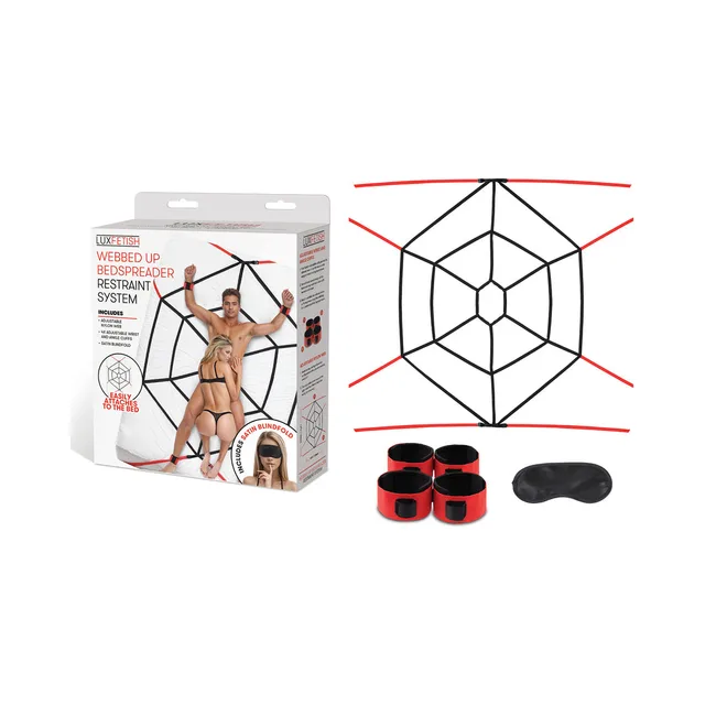 Lux Fetish Webbed Up restraint web with four cuffs and eye mask