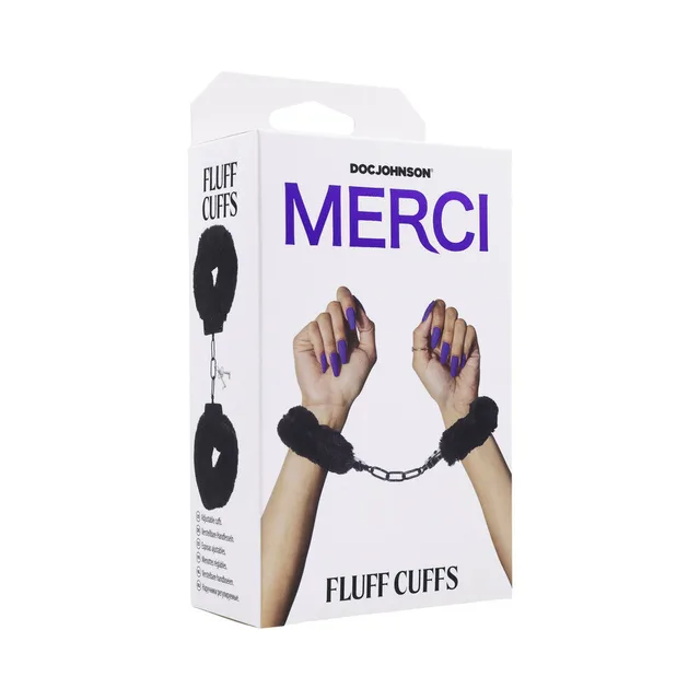 Merci black faux-fur metal Fluff Cuffs pictured on white retail box