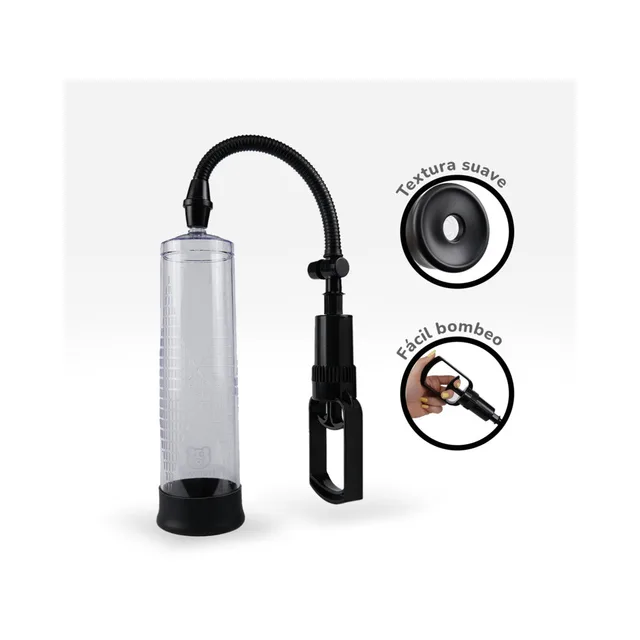 Camtoyz Boostia clear manual penis pump upright view of clear chamber and black hose