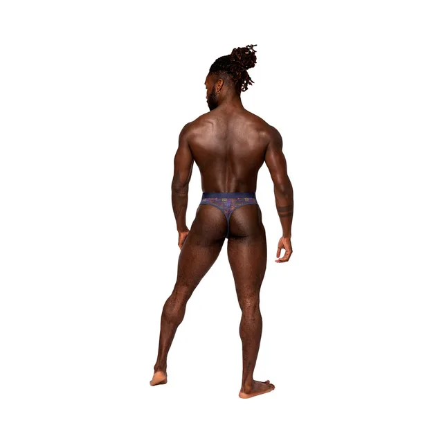 Rear view of purple spatter thong with narrow back