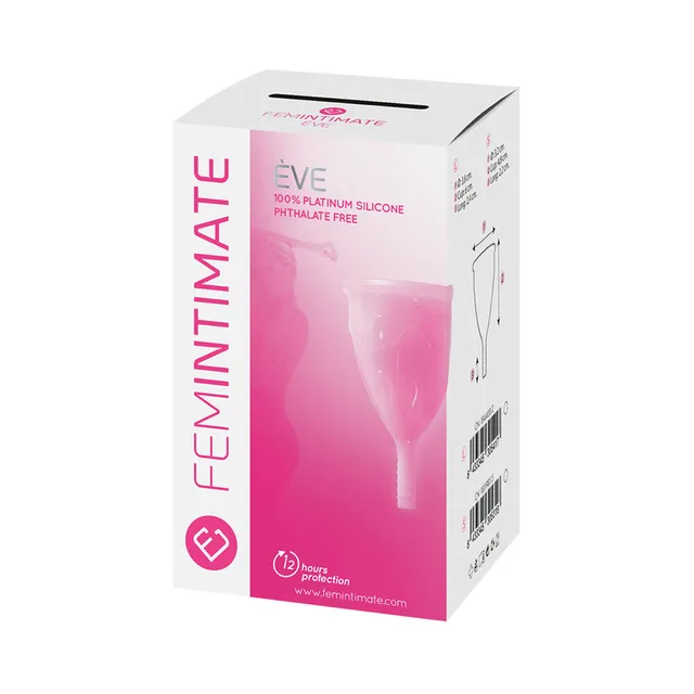 FEMINTIMATE Eve menstrual cup size S light-pink cup pictured on white and pink carton