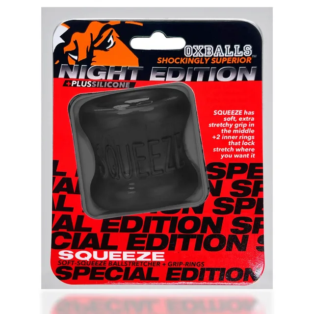 OxBalls Squeeze Night black ballstretcher in red retail package
