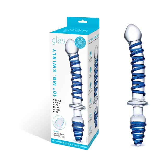 Glas Mr. Swirly glass toy beside turquoise retail box