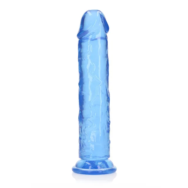 Left-side view of blue RealRock Straight 10-inch dildo