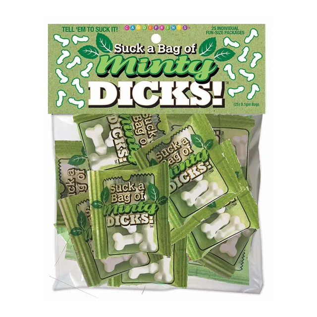 clear bag with 25 green Minty Dicks packets showing white candy pieces