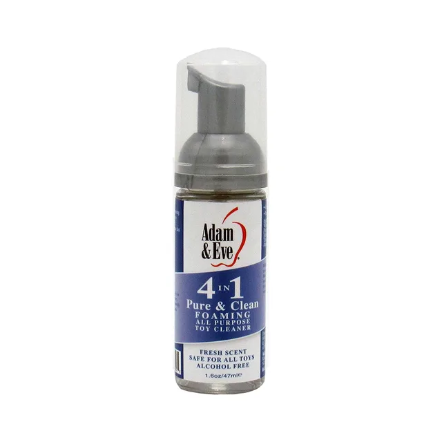 Adam & Eve Pure & Clean 1.6 oz foaming toy cleaner front bottle view with clear pump cap and blue label