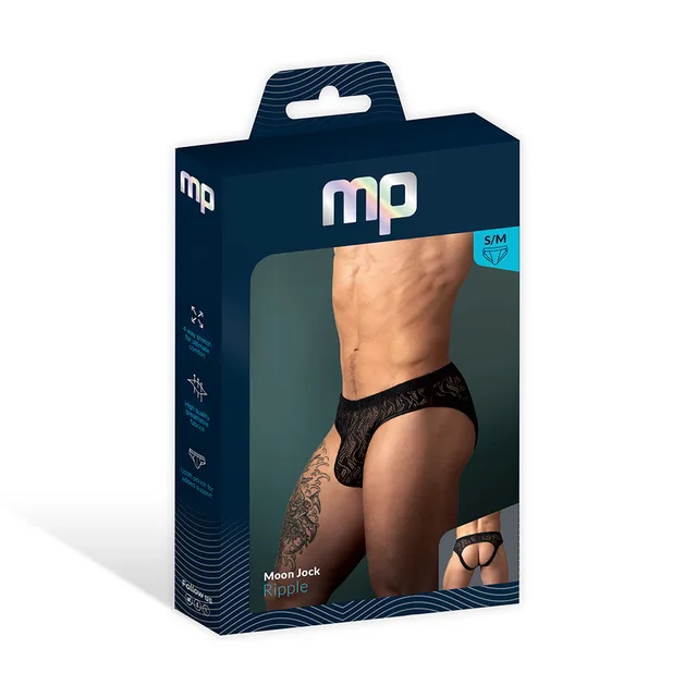 Male Power Ripple Moon Jock in black size S/M displayed in a navy window retail box
