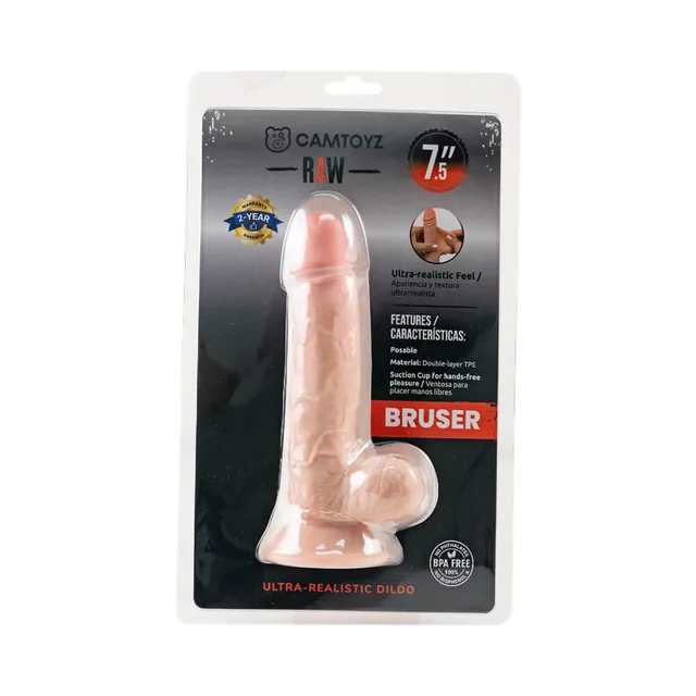 Camtoyz Bruser beige 7.5-inch dildo front of clear blister packaging