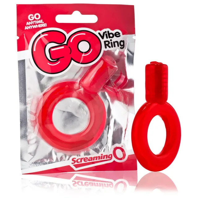 Screaming O GO Red Vibe Ring red ring beside clear pouch and red hanging card