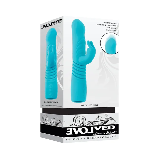 Evolved Bunny Hop teal rabbit vibrator displayed in retail box