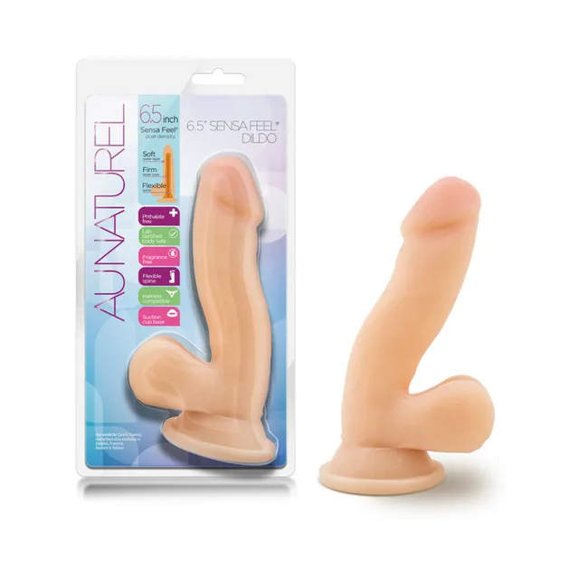 Au Naturel Beige 6.5 Inch Dildo beside blue white retail blister