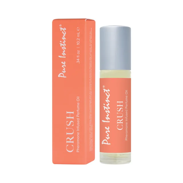 Pure Instinct Crush 0.34-ounce perfume roll-on with silver cap beside orange retail box