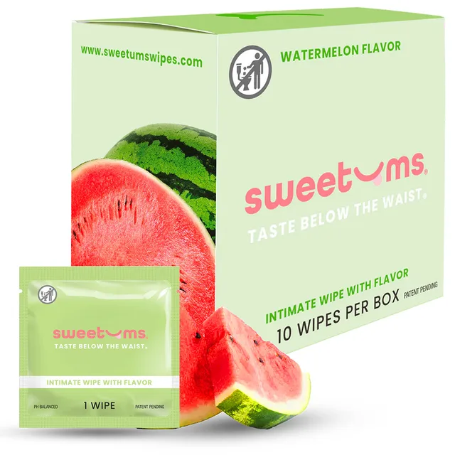 Sweetums Watermelon intimate wipes box, single packet and watermelon artwork