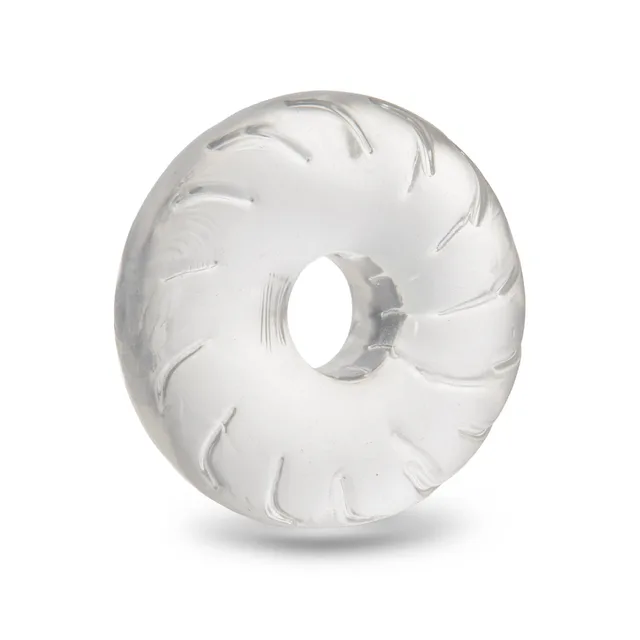 b-Vibe Stretch-Tech Drive clear C-ring isolated view showing spiral surface grooves