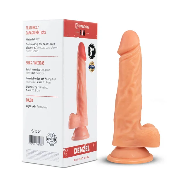 Camtoyz Denzel beige realistic dildo beside red and white retail box