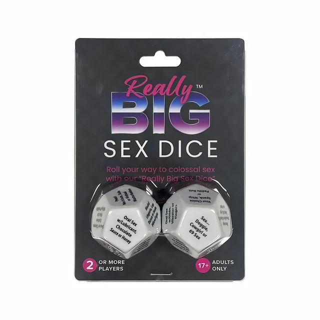 Two white Really Big Sex Dice with black prompts on hanging retail card