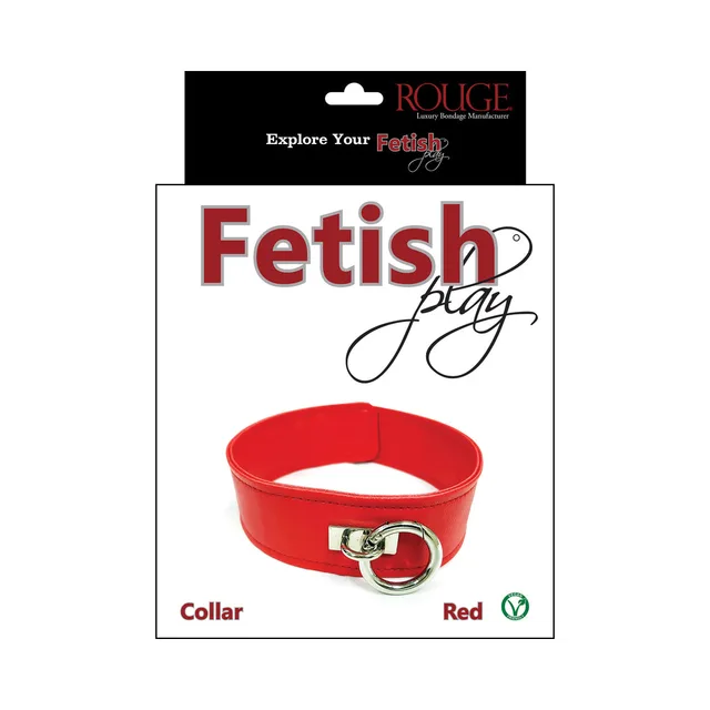 Red Rouge Fetish Play vegan-leather collar with silver O-ring on retail card